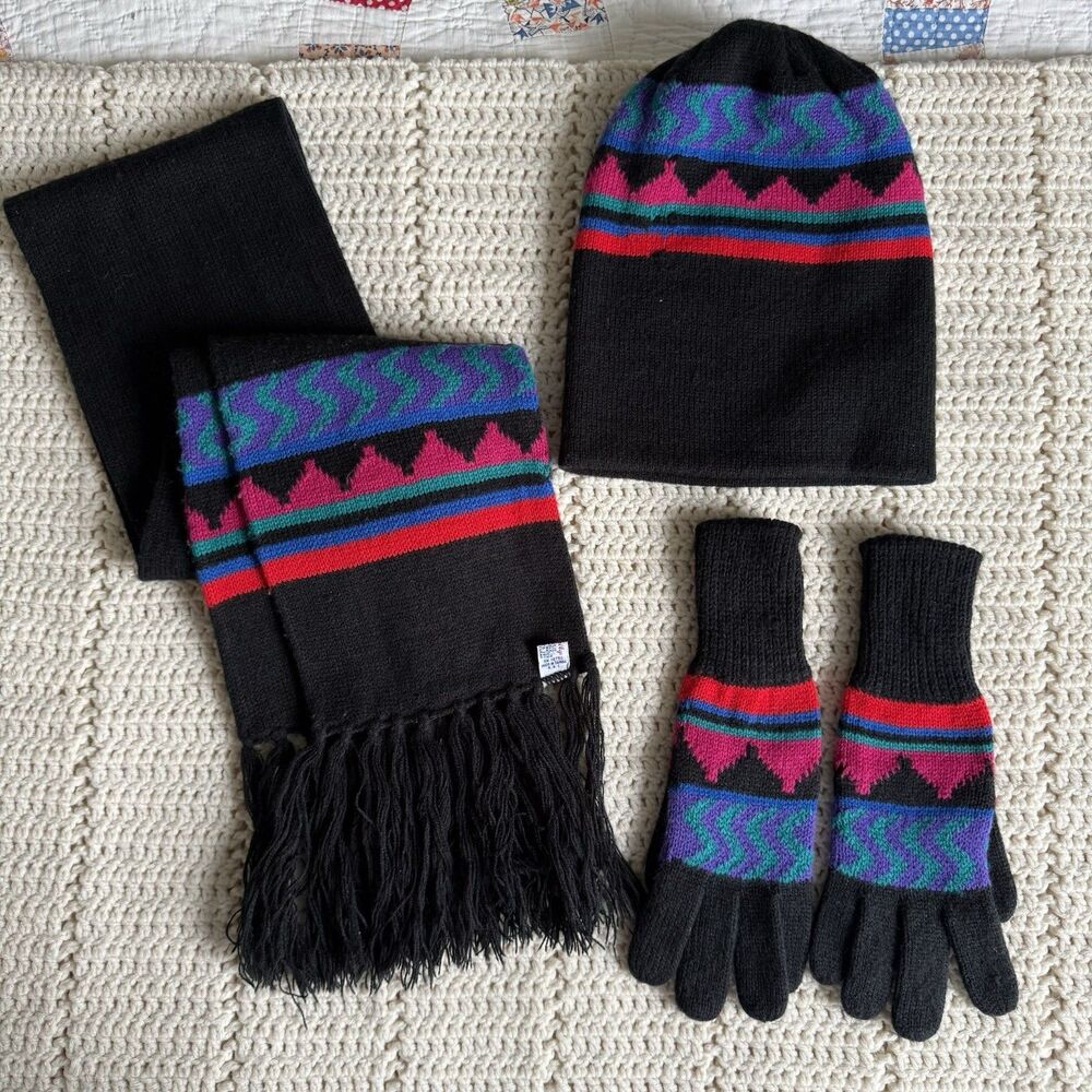 Vintage 80s English Village Scarf, Hat & Gloves Set Black Colorful Geometric